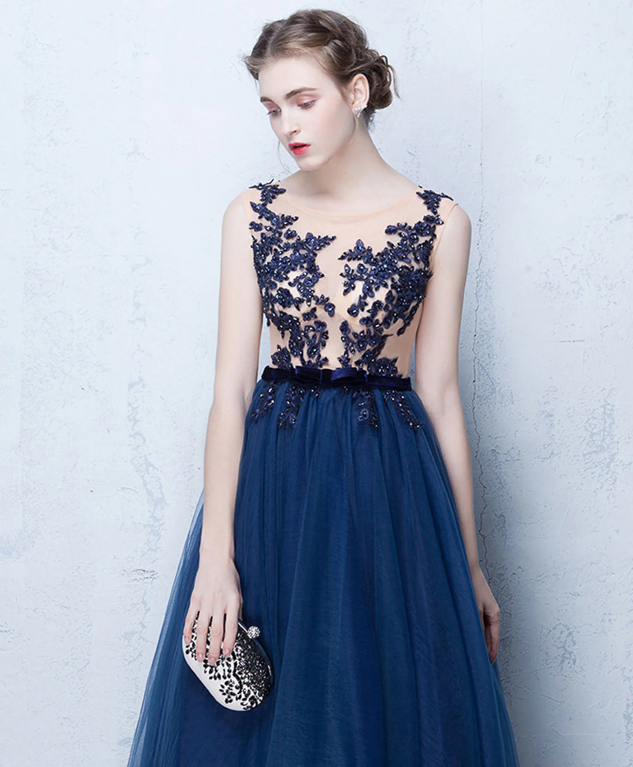 Elegant Dark Blue Tulle Lace Long Prom Dress, Blue Evening Dress - Deanwangkt