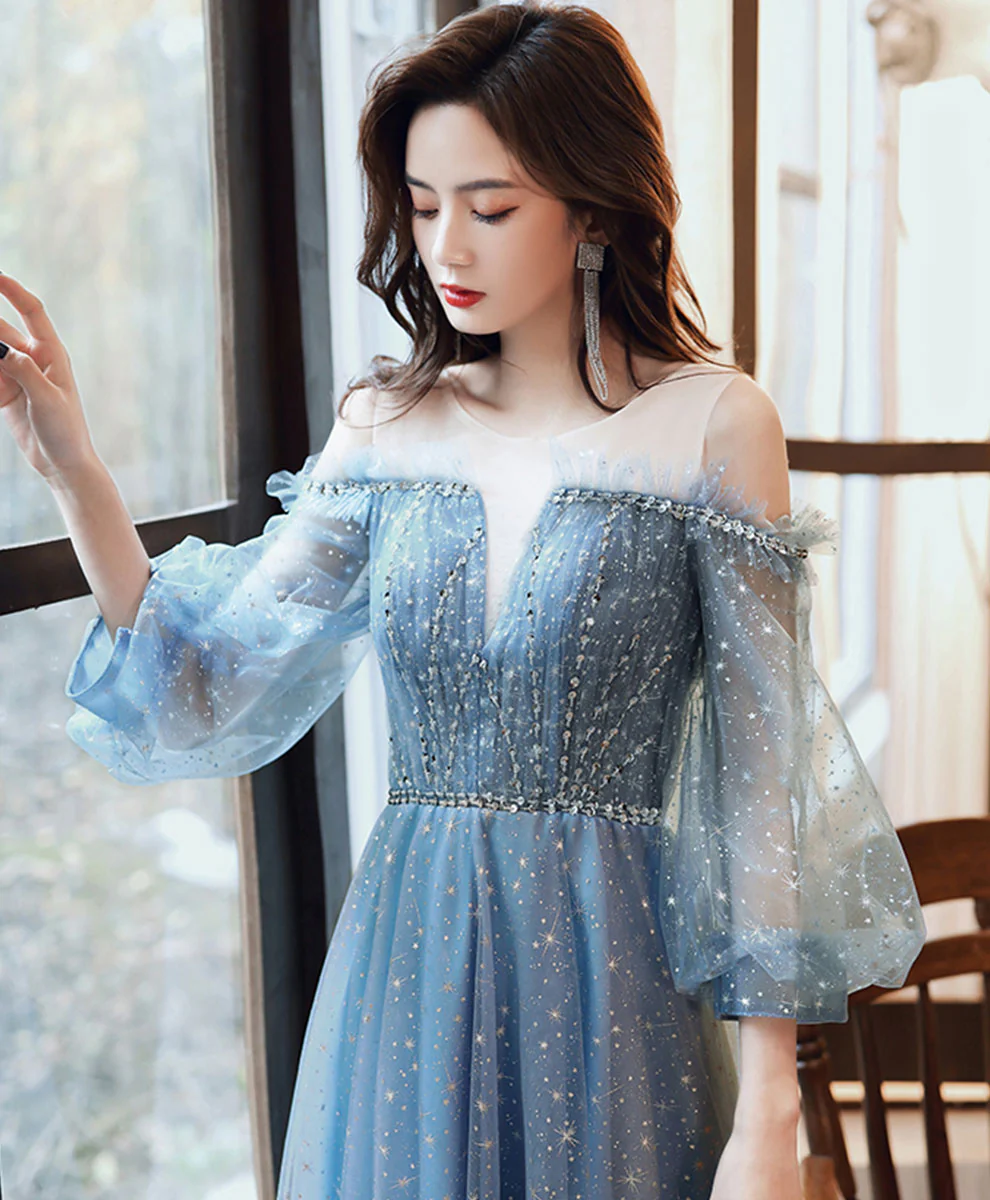 Blue Round Neck Tulle Sequin Long Prom Dress Tulle Evening Dress - Deanwangkt