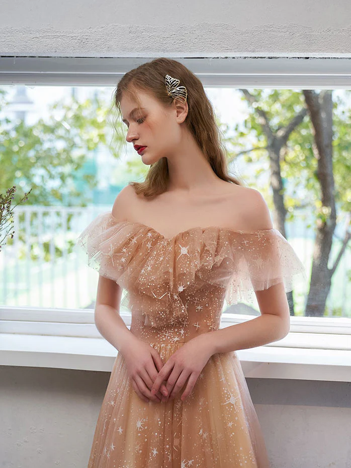 Simple Tulle Off Shoulder Lace Long Prom Dress Lace Formal Dress - Deanwangkt