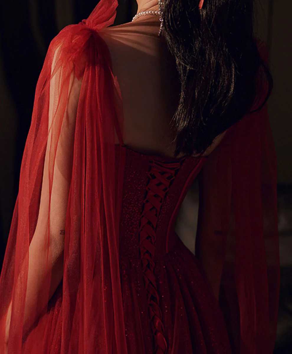 Burgundy Tulle Long Prom Dress, Burgundy Sequin Formal Dress - Deanwangkt