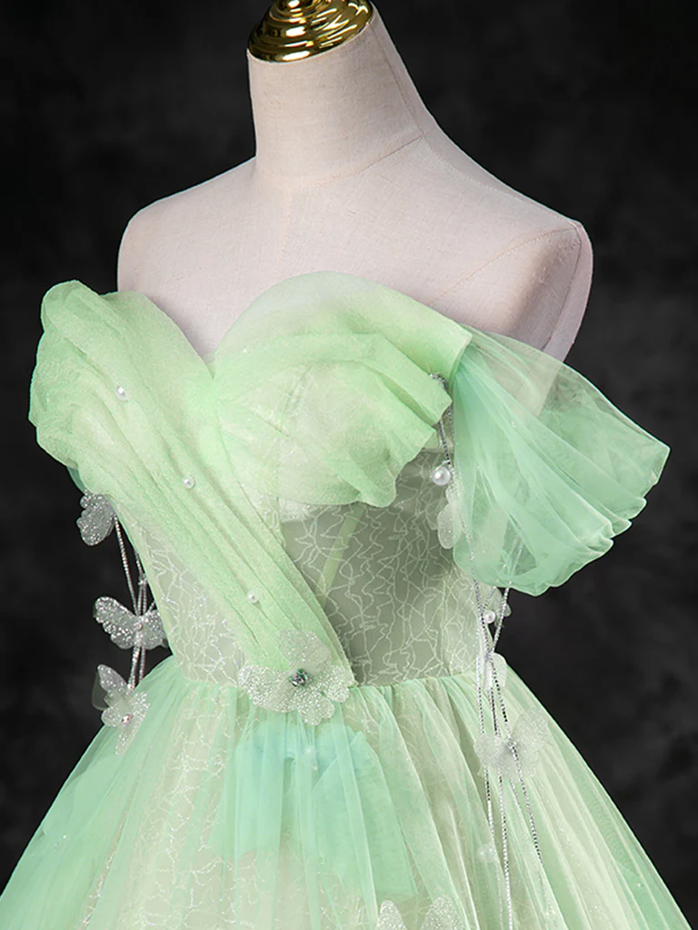 Green A-Line Off Shoulder Tulle Long Prom Dress, Green Long Formal Dress - Deanwangkt