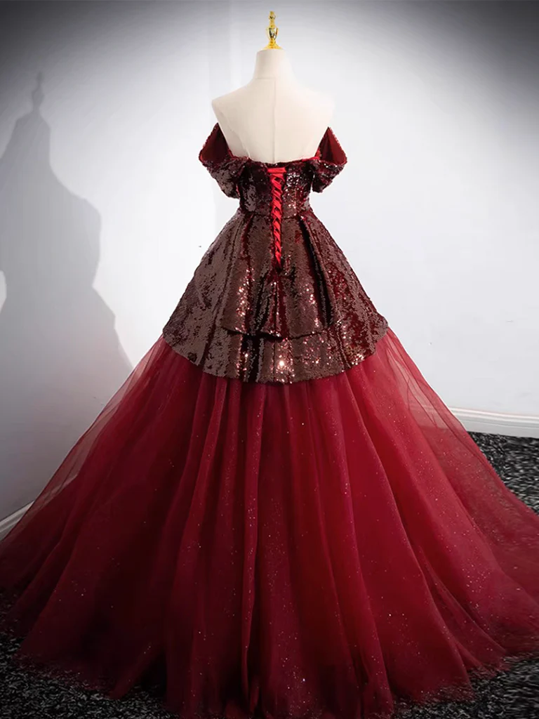 A-Line Tulle Sequin Burgundy Long Prom Dress, Off Shoulder Burgundy Formal Dress - Deanwangkt