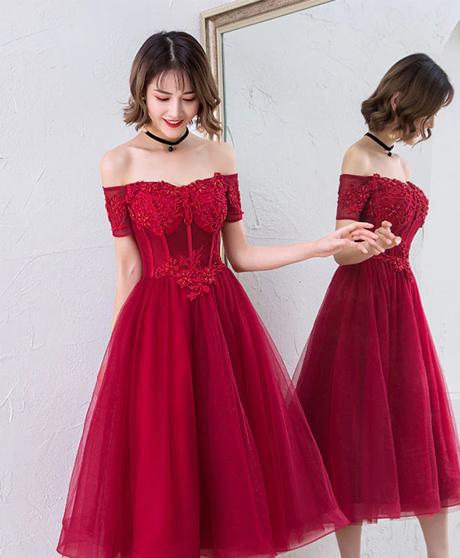 Cute Burgundy Off Shoulder Short Prom Dress, Evening Dress - Deanwangkt