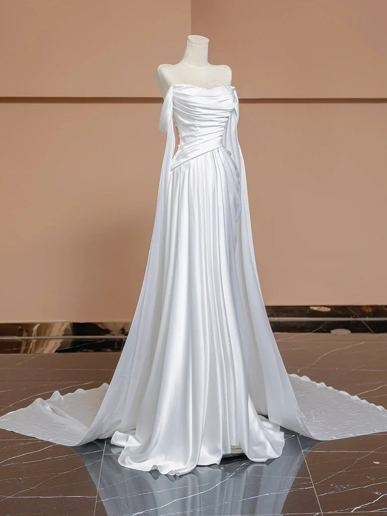 A-Line White Satin Long Prom Dress, White Long Formal Dress - Deanwangkt