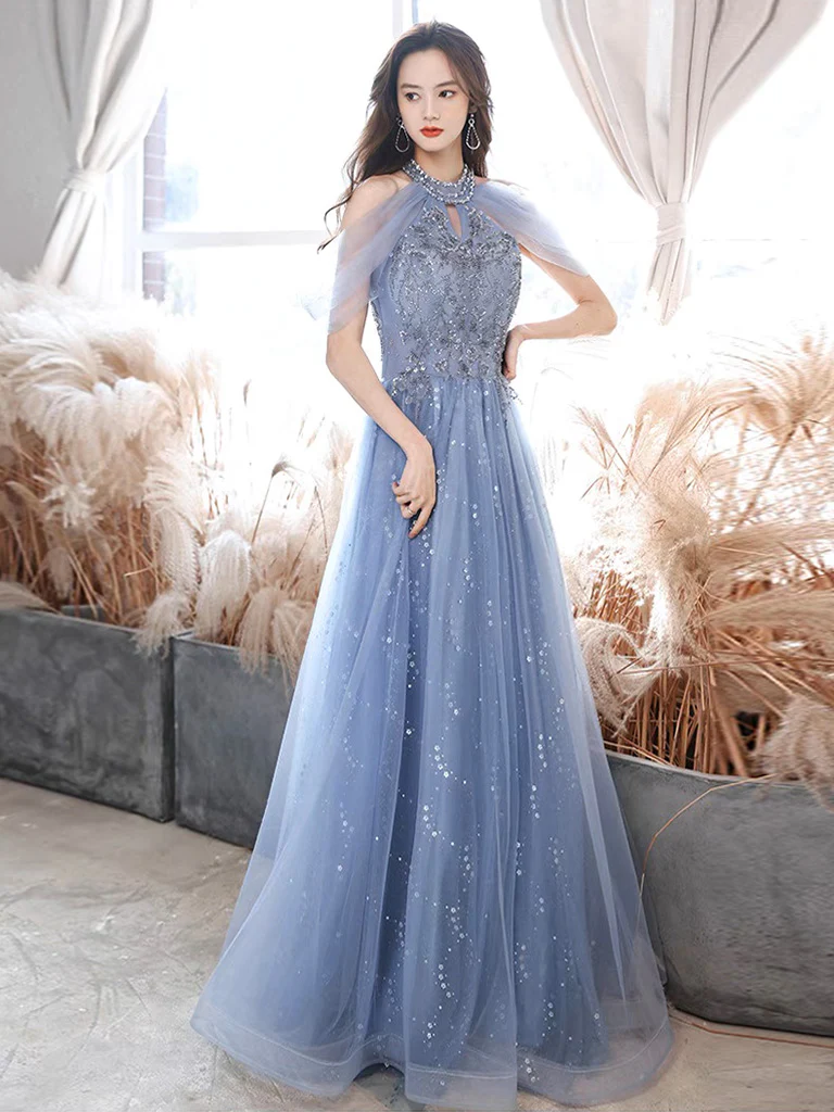 A-Line Off Shoulder Tulle Blue Long Prom Dress, Blue Lace Long Formal Dress - Deanwangkt