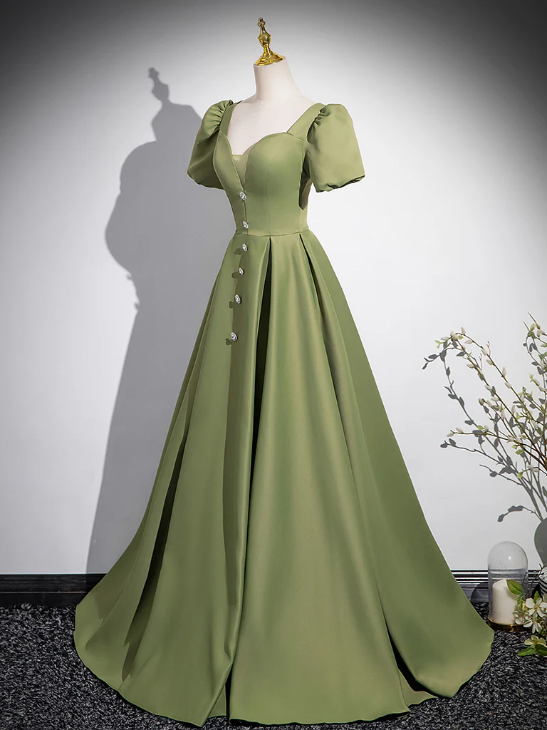 A-Line Short Sleeve Satin Green Long Prom Dress, Green Long Formal Dress - Deanwangkt