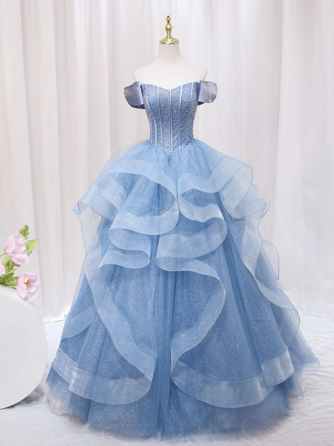 A-Line Blue Tulle Long Prom Dress, Blue Sweet 16 Dress - Deanwangkt