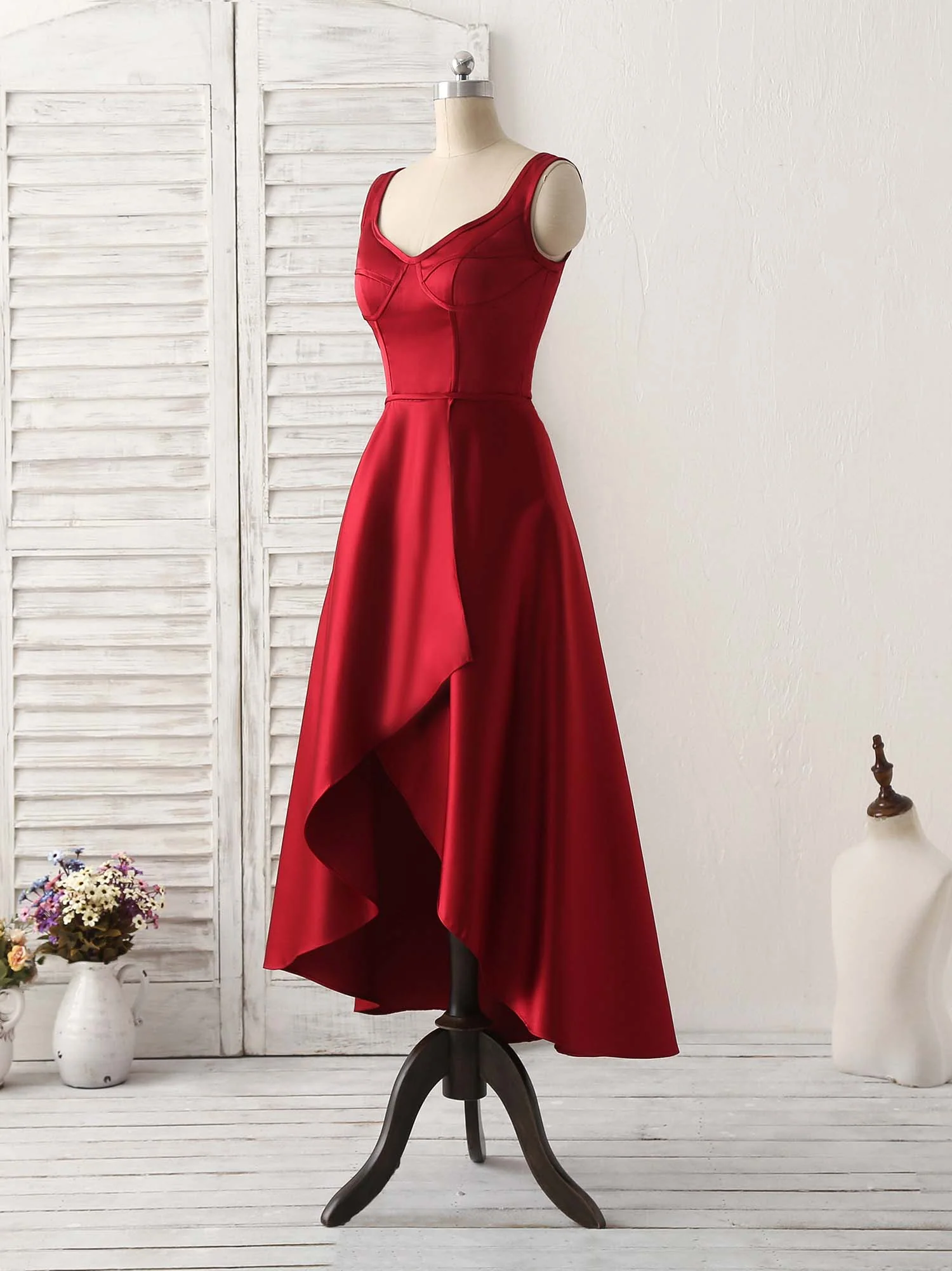 Simple V Neck High Low Prom Dress Burgundy Evening Dress - Deanwangkt