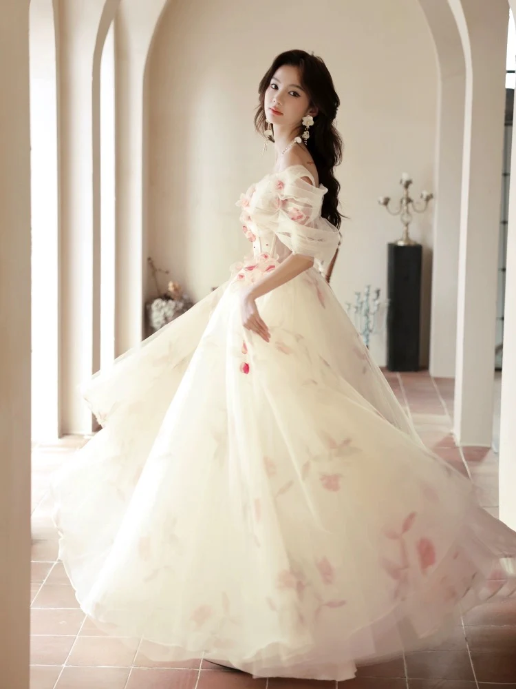 A-Line Off Shoulder Tulle Champagne Long Prom Dress, Champagne Long Formal Dress - Deanwangkt