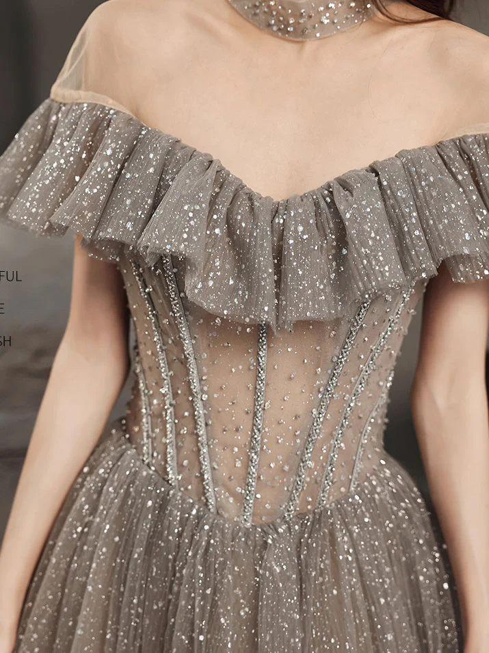 Gray High Neck Tulle Sequin Long Prom Dress Gray Formal Dress - Deanwangkt