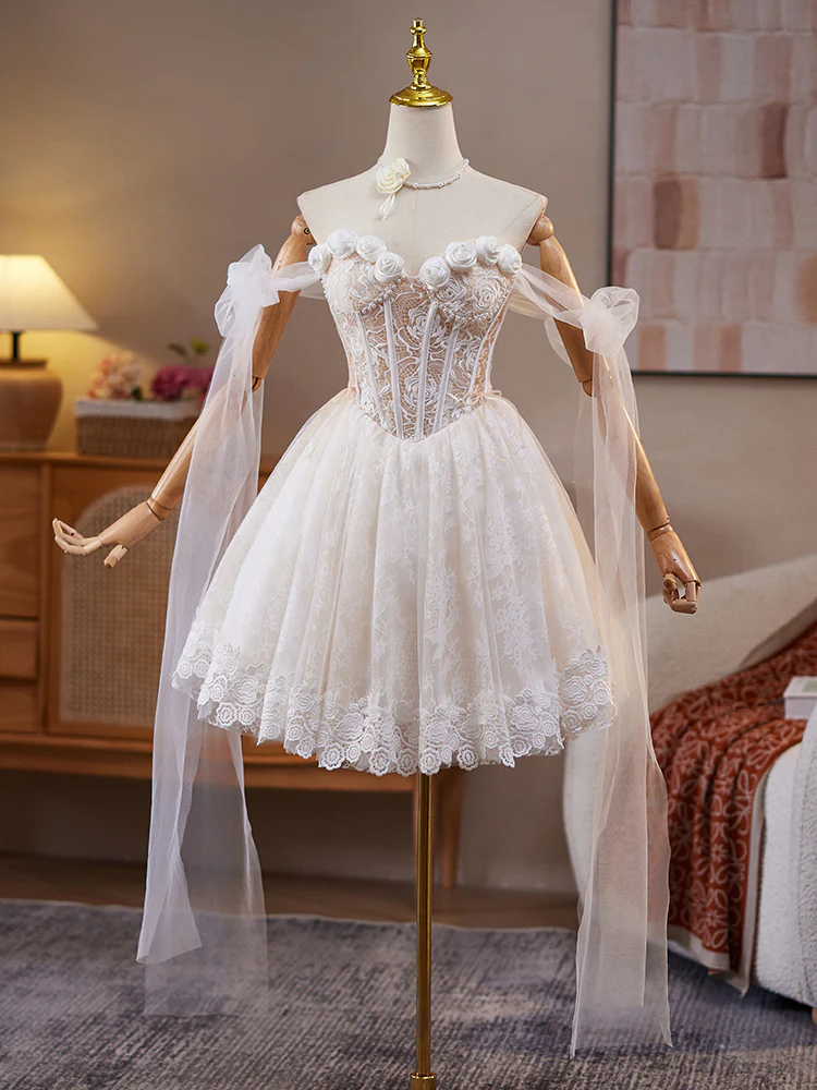 A-Line Off Shoulder Tulle Lace Beige Short Prom Dress, Beige Homecoming Dress - Deanwangkt