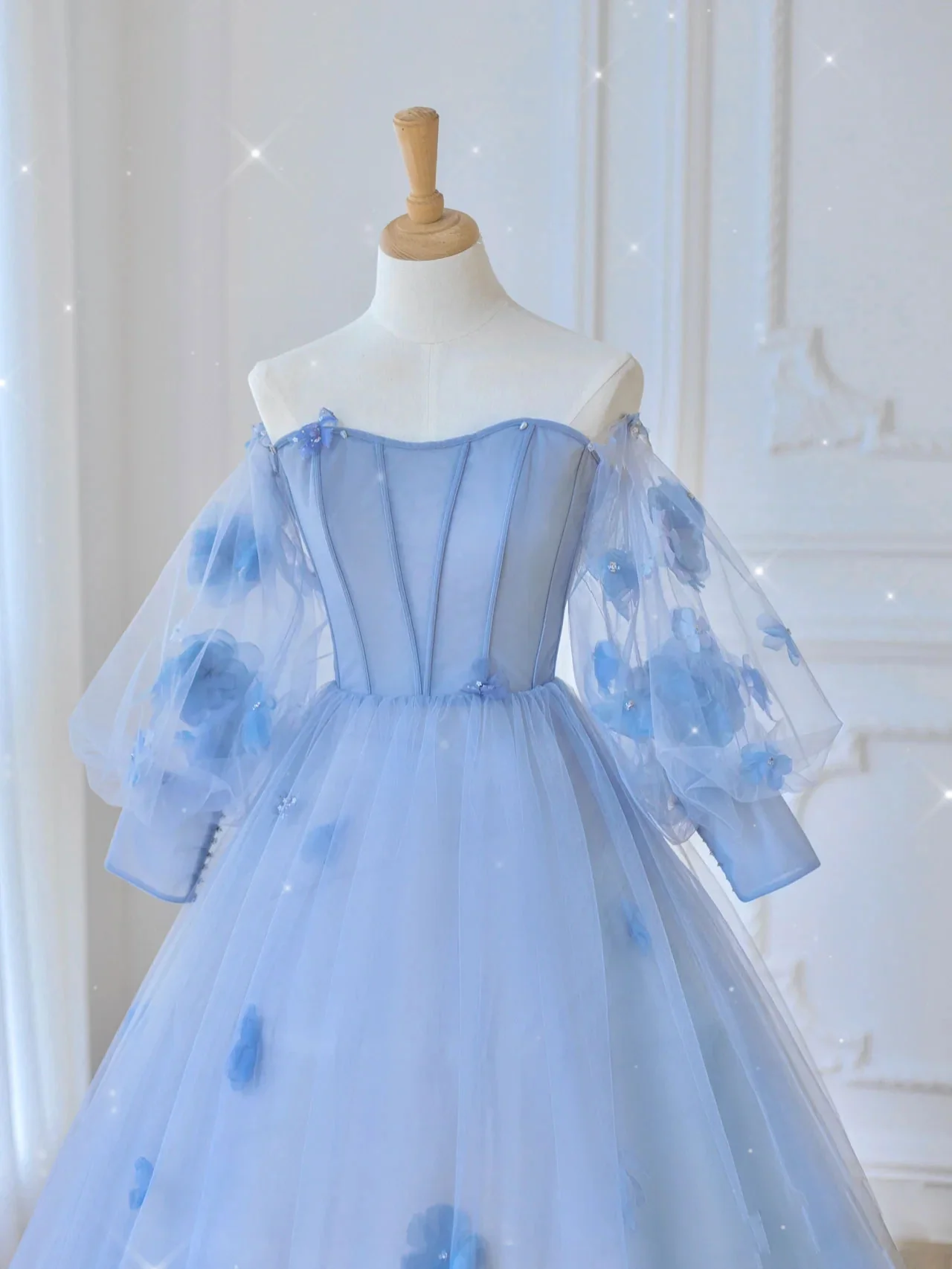 Blue Sweetheart Tulle 3D Flower Long Prom Dress, Blue Evening Dress - Deanwangkt