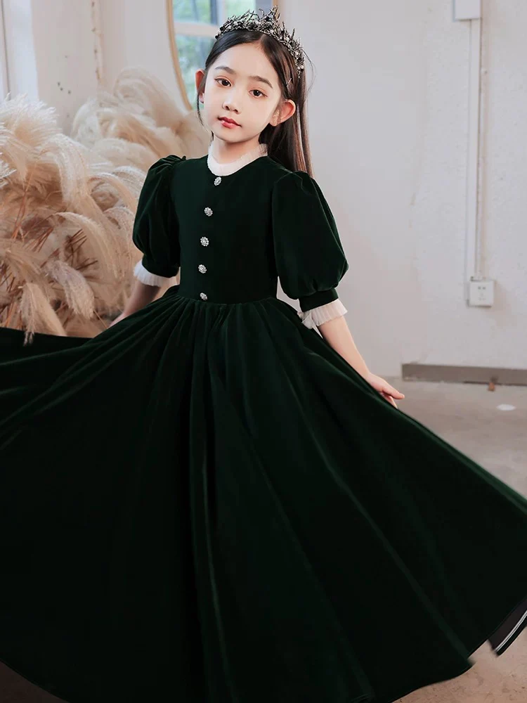 Simple High Neck Velvet Green Long Flower Girl Dress - Deanwangkt