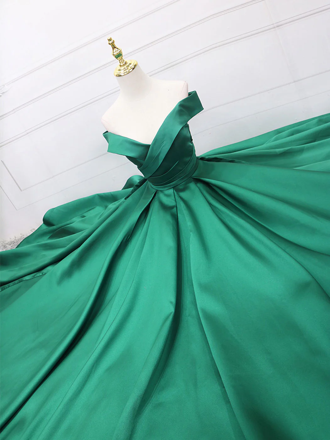 A-Line Off Shoulder Green Satin Long Prom Dresses, Green Evening Dresses - Deanwangkt