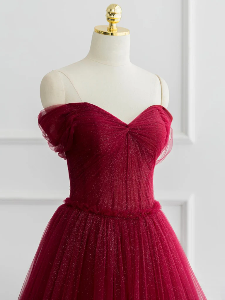 A-line Off Shoulder Tulle Shiny Burgundy Long Prom Dress, Burgundy Long Formal Dress - Deanwangkt