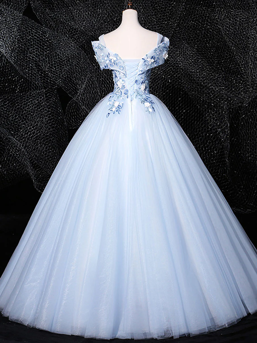 Blue V Neck Tulle Lace Long Formal Prom Dresses. Blue Sweet 16 Dresses - Deanwangkt
