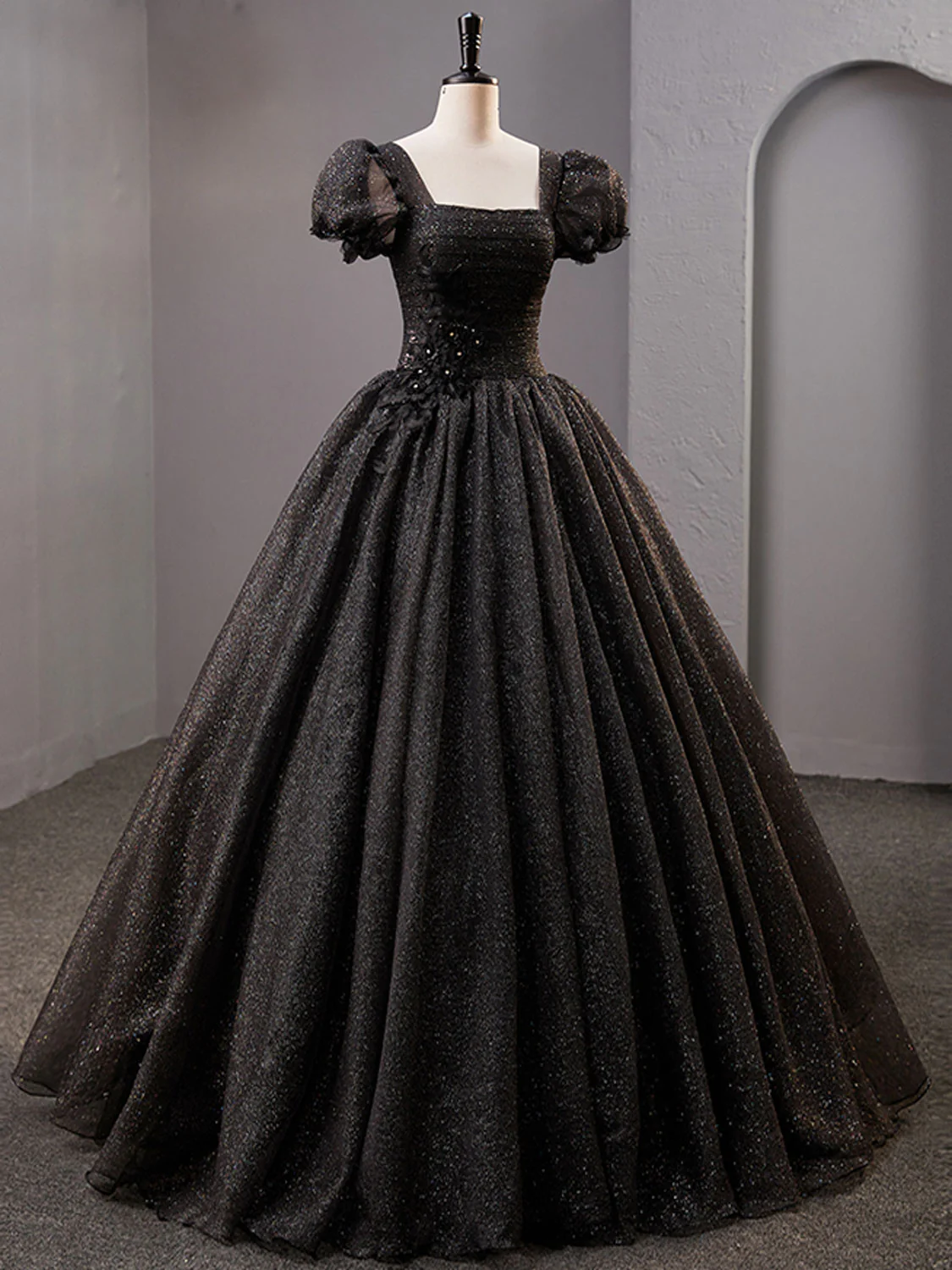 Black Square Neckline Tulle Long Prom Dresses, Shiny Tulle Black Evening Dress - Deanwangkt