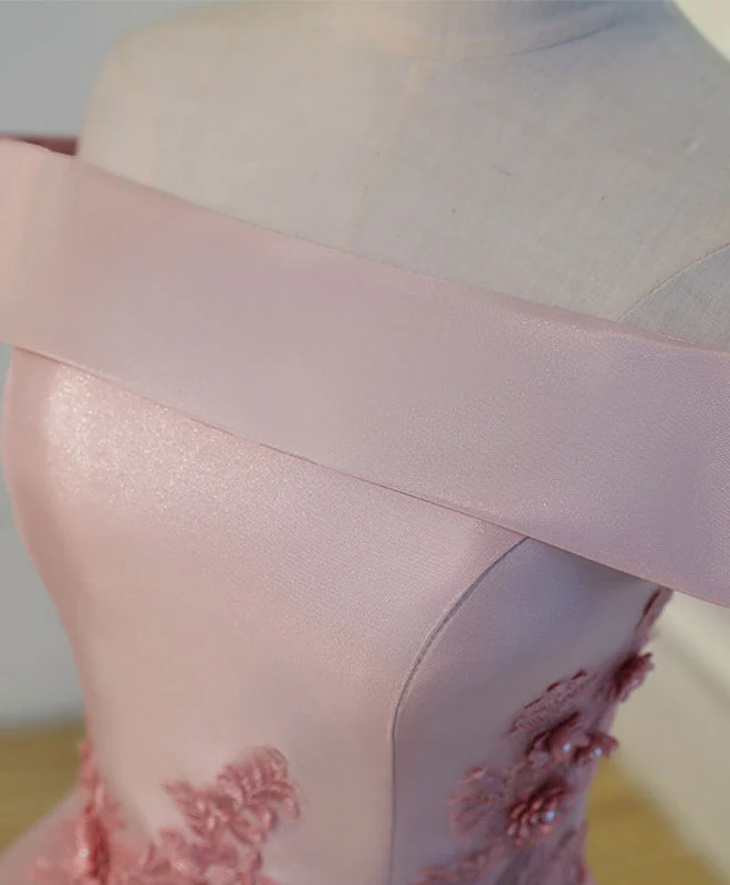 Pink A Line Off Shoulder Knee Length Prom Dress, Lace Homecoming Dresses - Deanwangkt