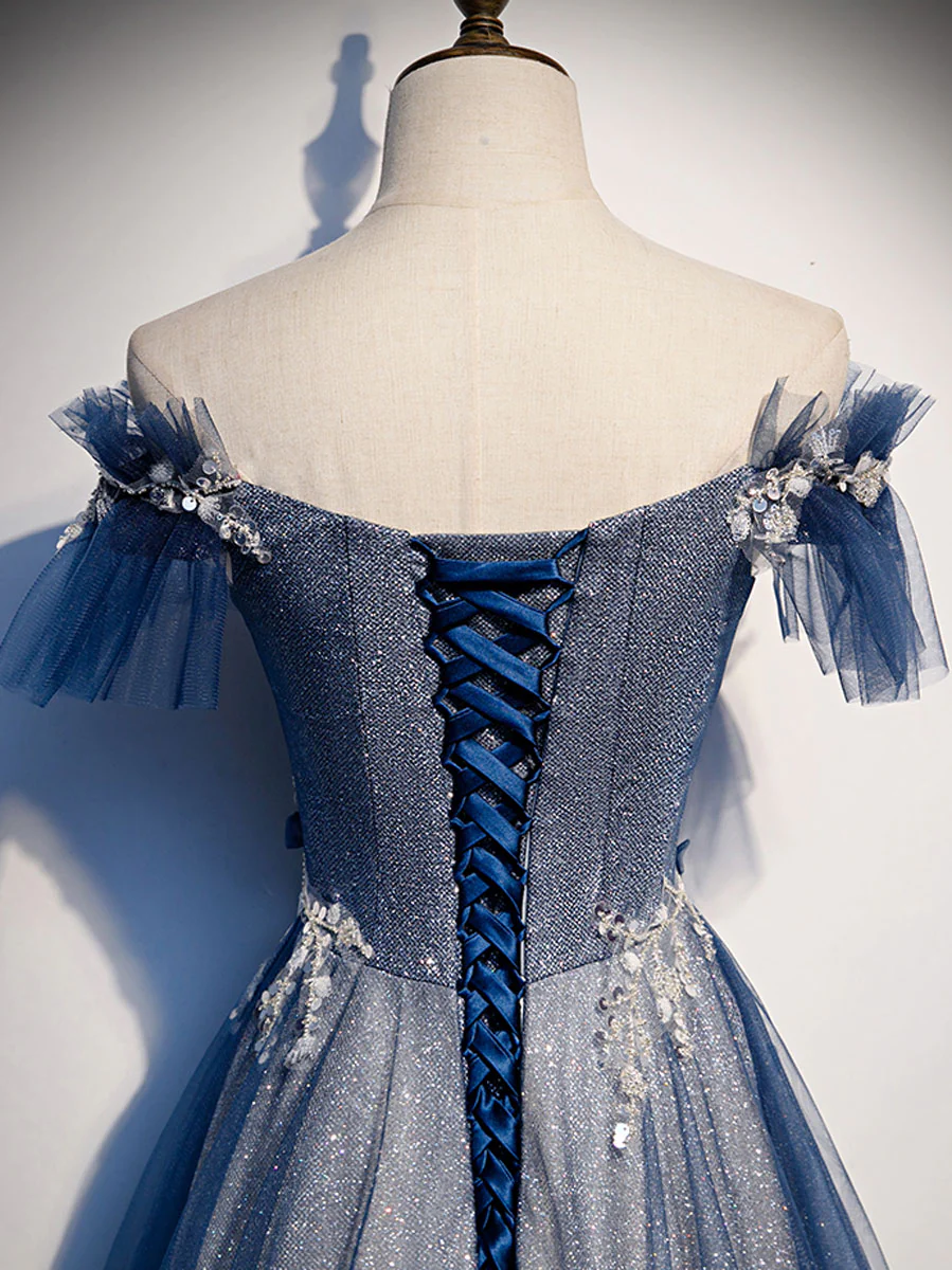 Blue Tulle Lace Long Prom Dress, Blue Tulle Lace Bridesmaid Dress - Deanwangkt