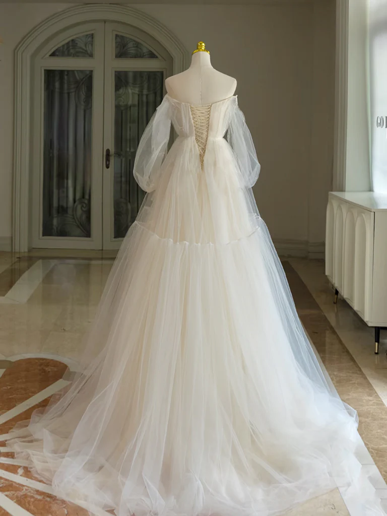 A-Line Tulle Long Sleeve Light Champagne Prom Dress, Light Champagne Formal Dress - Deanwangkt