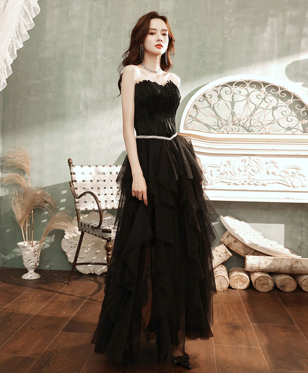 Black Aline Tulle Long Prom Dress, Black Formal Evening Dress with Feather - Deanwangkt