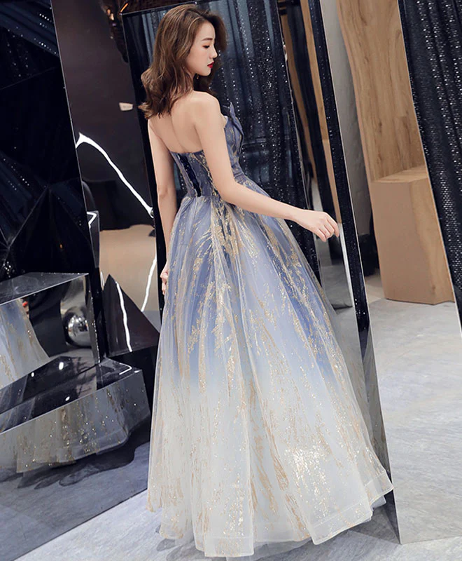 Unique Blue Tulle Long Prom Dress, Blue Evening Graduation Dresses - Deanwangkt