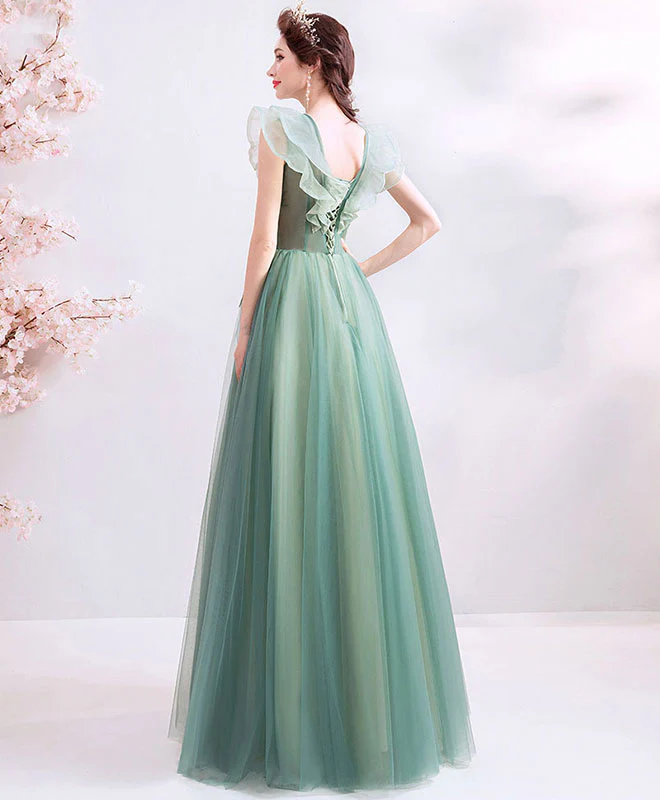Green V Neck Tulle Lace Long Prom Dress, Green Evening Dress - Deanwangkt
