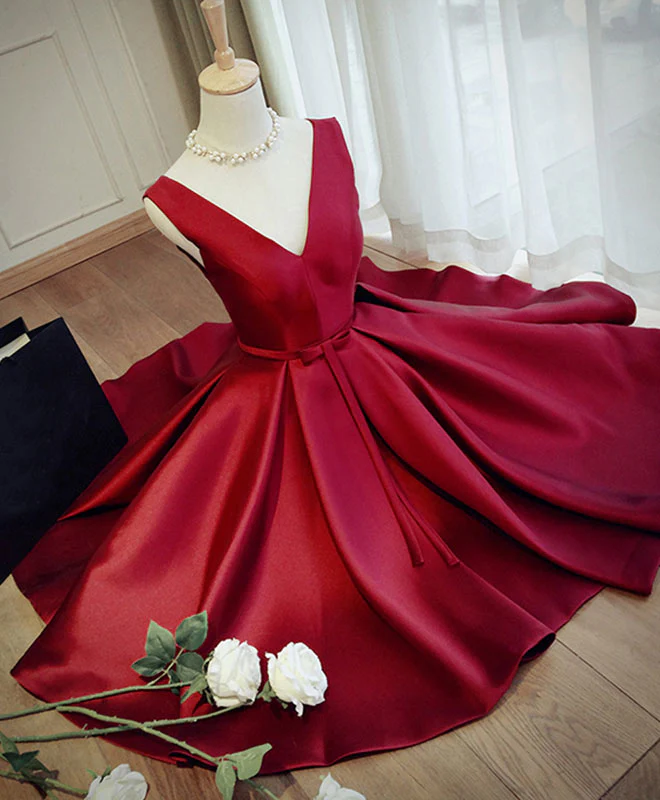 Simple Burgundy V Neck Short Prom Dress, Burgundy Evening Dress - Deanwangkt