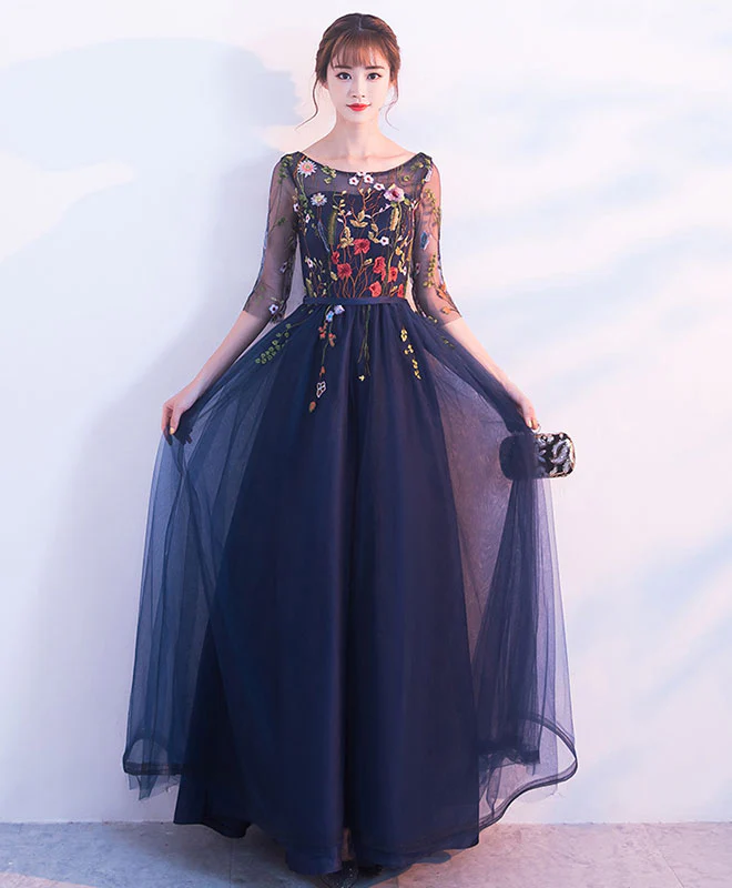 Dark Blue Tulle Lace Long Prom Dress, Blue Evening Dress - Deanwangkt