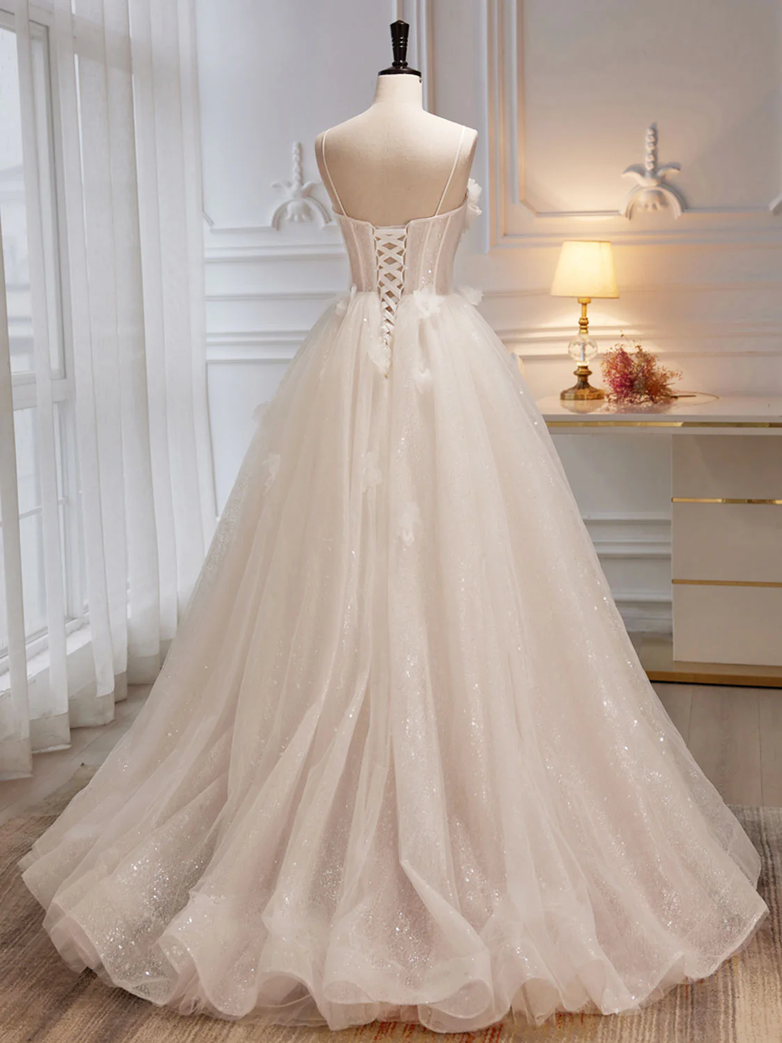 A-Line Tulle Flower Light Champagne Long Prom Dresses, Shiny Formal Dresses - Deanwangkt