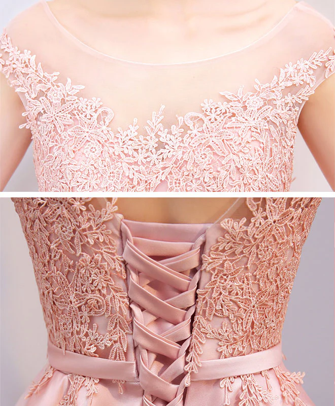 Pink High Low Lace Prom Dress, Pink Formal Bridesmaid Dress - Deanwangkt