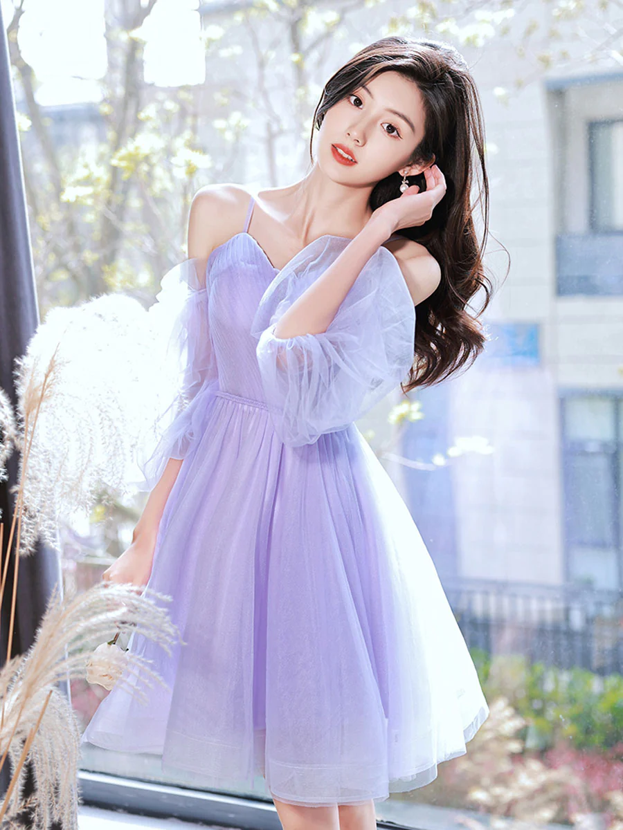 Purple Sweetheart Neck Tulle Short Prom Dress, Puffy Purple Homecoming Dresses - Deanwangkt