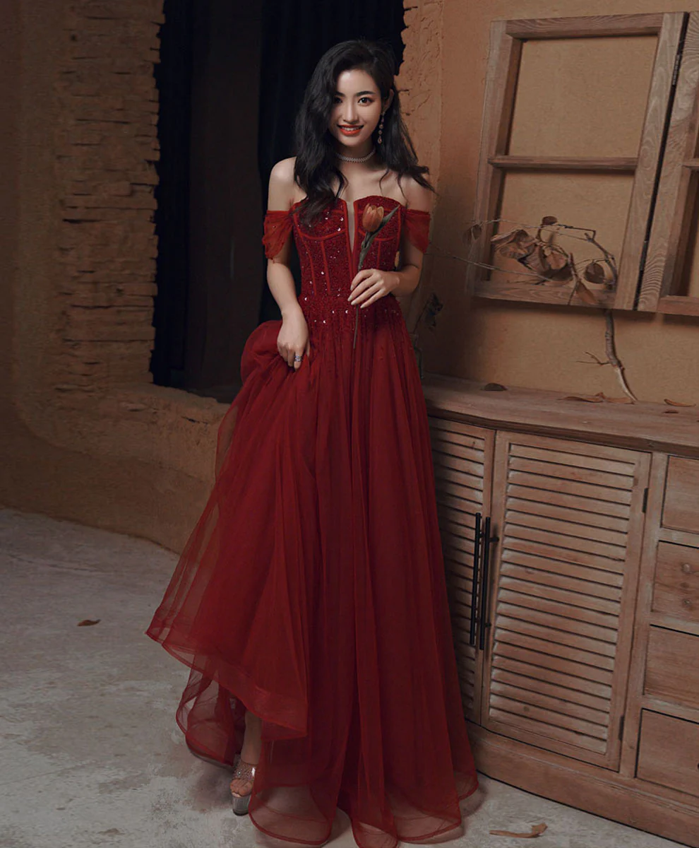 Burgundy Sweetheart Tulle Sequin Long Prom Dress Burgundy Formal Dress - Deanwangkt