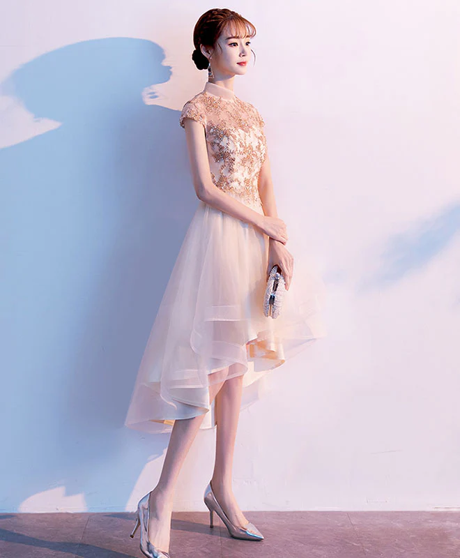 Champagne Tulle Lace High Low Prom Dress, Tulle Homecoming Dress - Deanwangkt