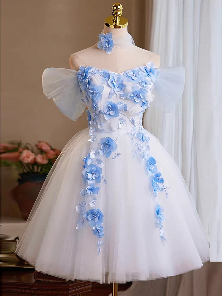 A-Line Tulle Flower White Short Prom Dress, White Homecoming Dress - Deanwangkt