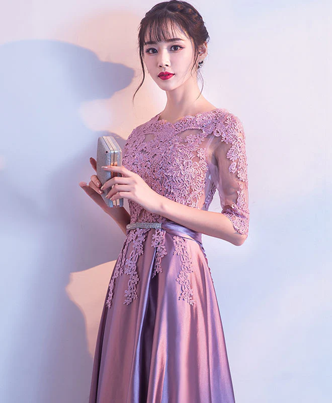 Pink A-Line Lace Long Prom Dress Pink Lace Bridesmaid Dress - Deanwangkt