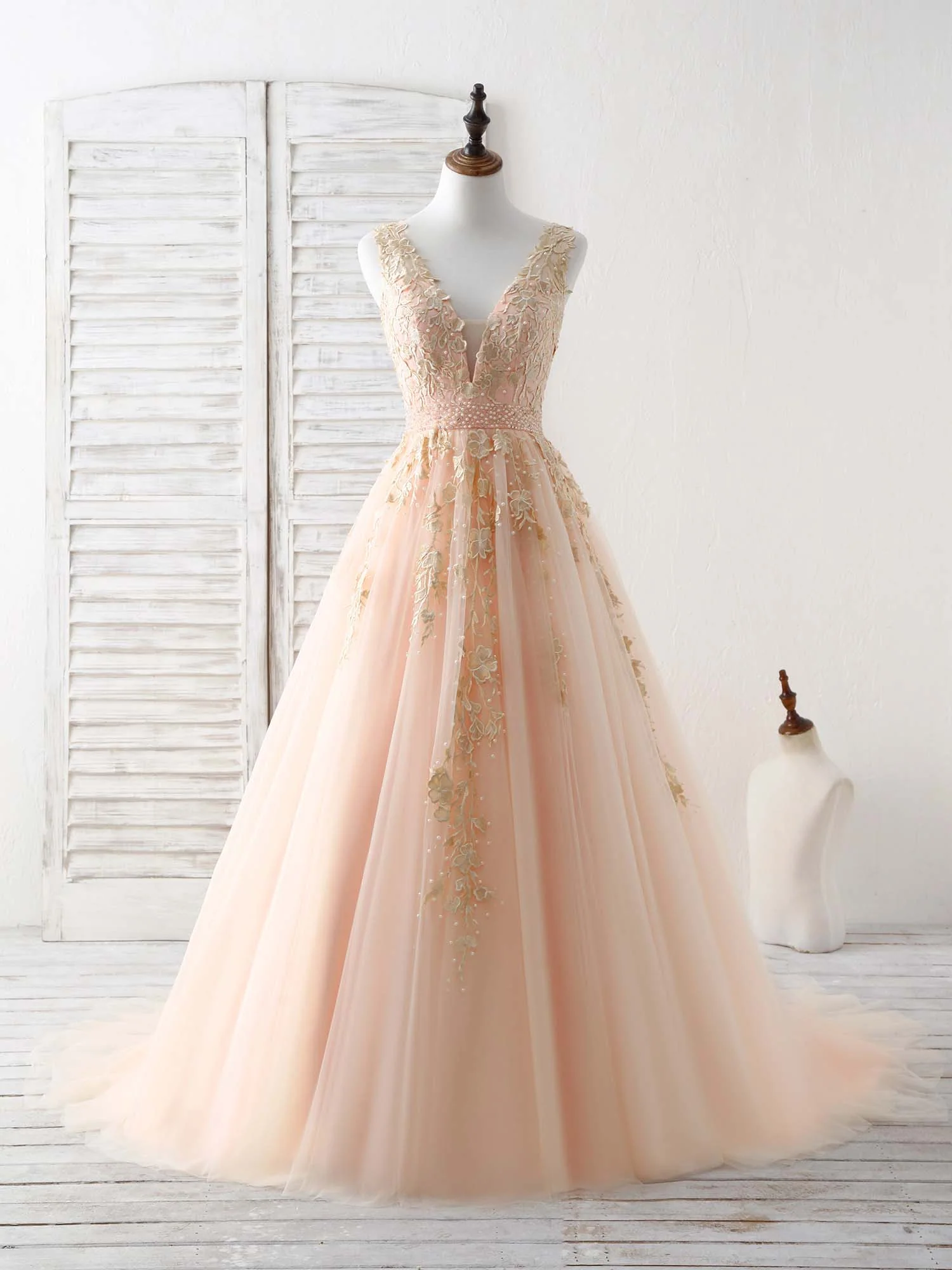 Unique V Neck Tulle Lace Applique Long Prom Dress, Evening Dress - Deanwangkt