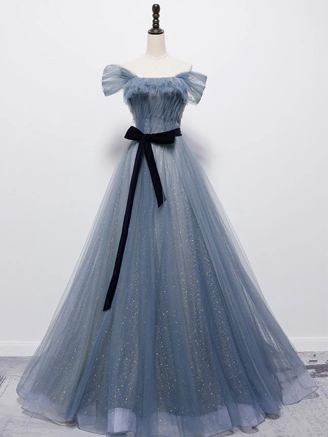 Blue Tulle Off Shoulder Sequin Long Prom Dress Blue Evening Dress - Deanwangkt