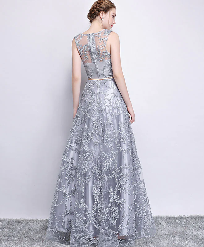 Gray Tulle Lace Long Prom Dress , Gray Evening Dress - Deanwangkt