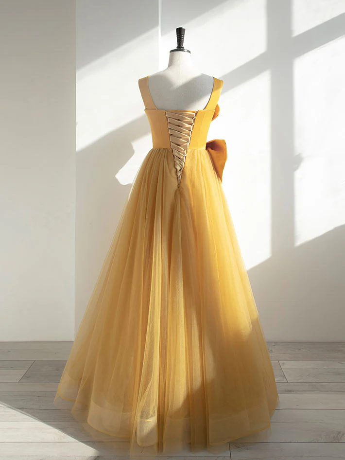 Simple Yellow Tulle Long Prom Dress, Yellow Formal Bridesmaid Dresses - Deanwangkt