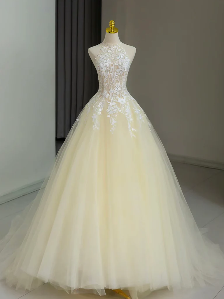 A-Line Lace Tulle Champagne Long Prom Dress, Tulle Lace Long Graduation Dress - Deanwangkt