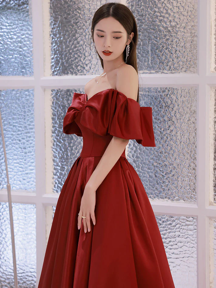 Simple Aline Burgundy Satin Long Prom Dress, Burgundy Evening Dress - Deanwangkt