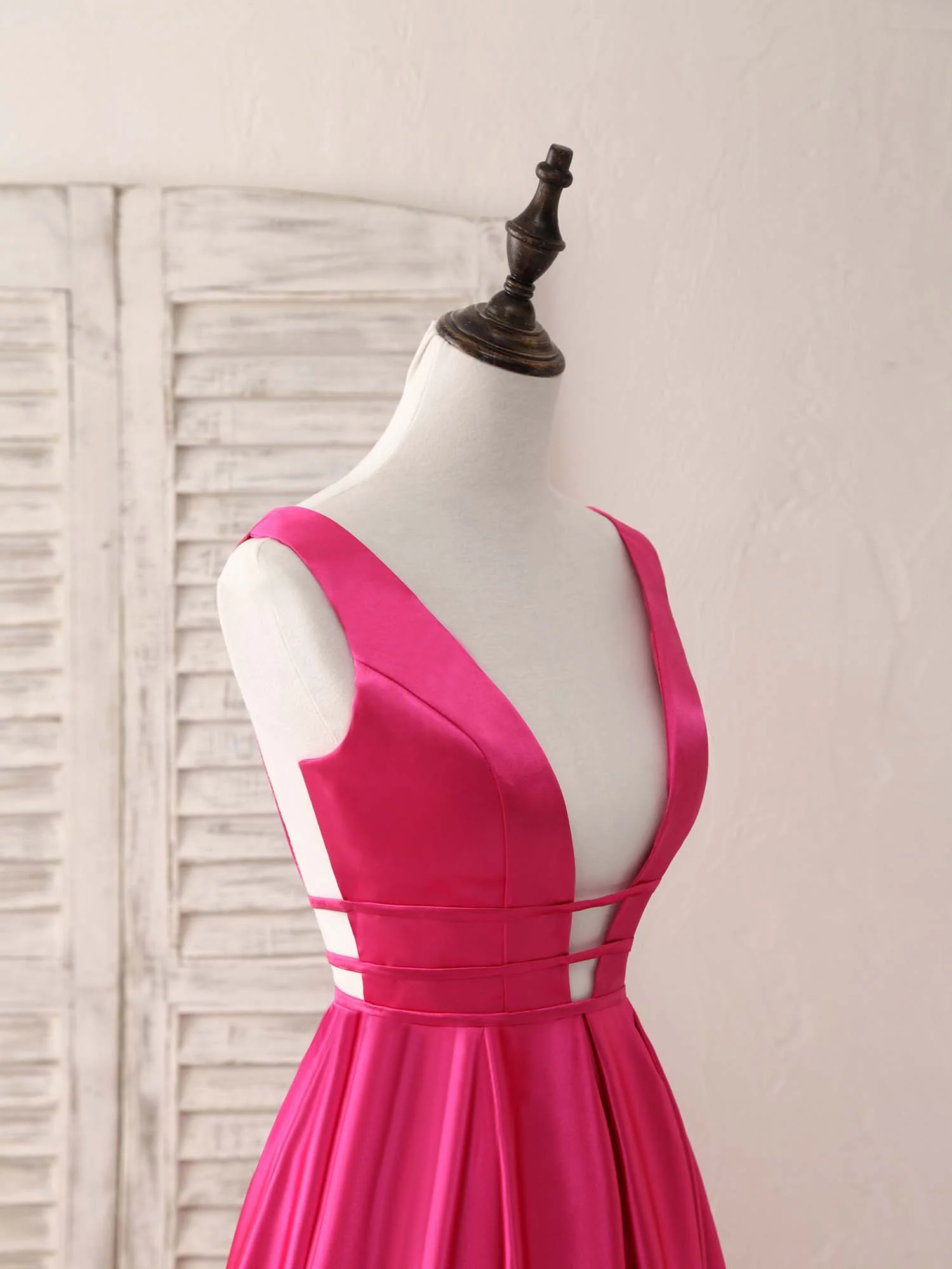 Simple V Neck Satin Long Prom Dress Backless Evening Dress - Deanwangkt
