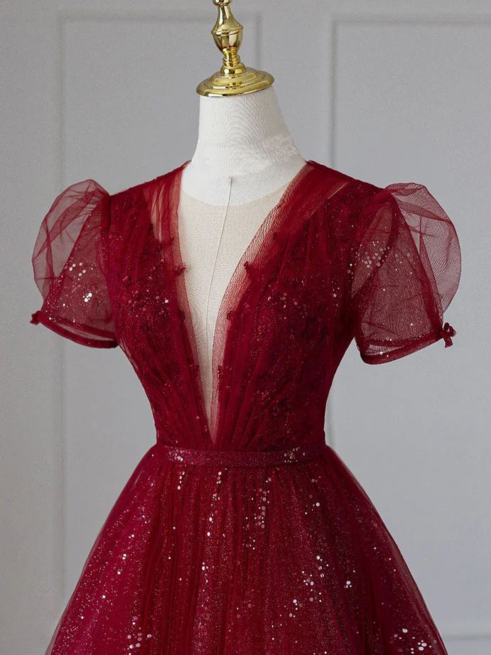 V Neck Tulle Sequin Tea Length Burgundy Prom Dress, Burgundy Evening Dress - Deanwangkt