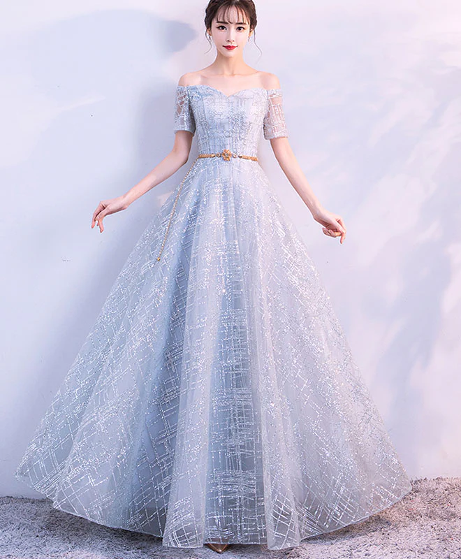 Unique Tulle Gray Long Prom Dress, Tulle Gray Evening Dress - Deanwangkt