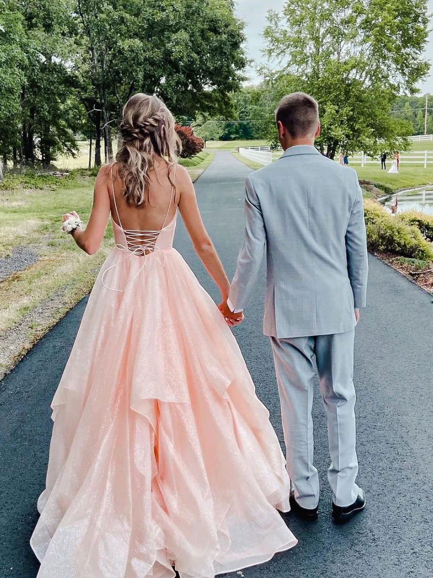 Pink Long Prom Dress, Pink V Neck Tulle Formal Graduation Dresses - Deanwangkt