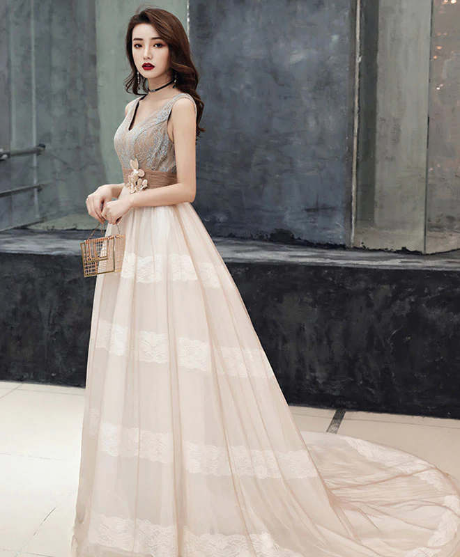 Unique V Neck Tulle Lace Long Prom Dress Tulle Lace Formal Dress - Deanwangkt