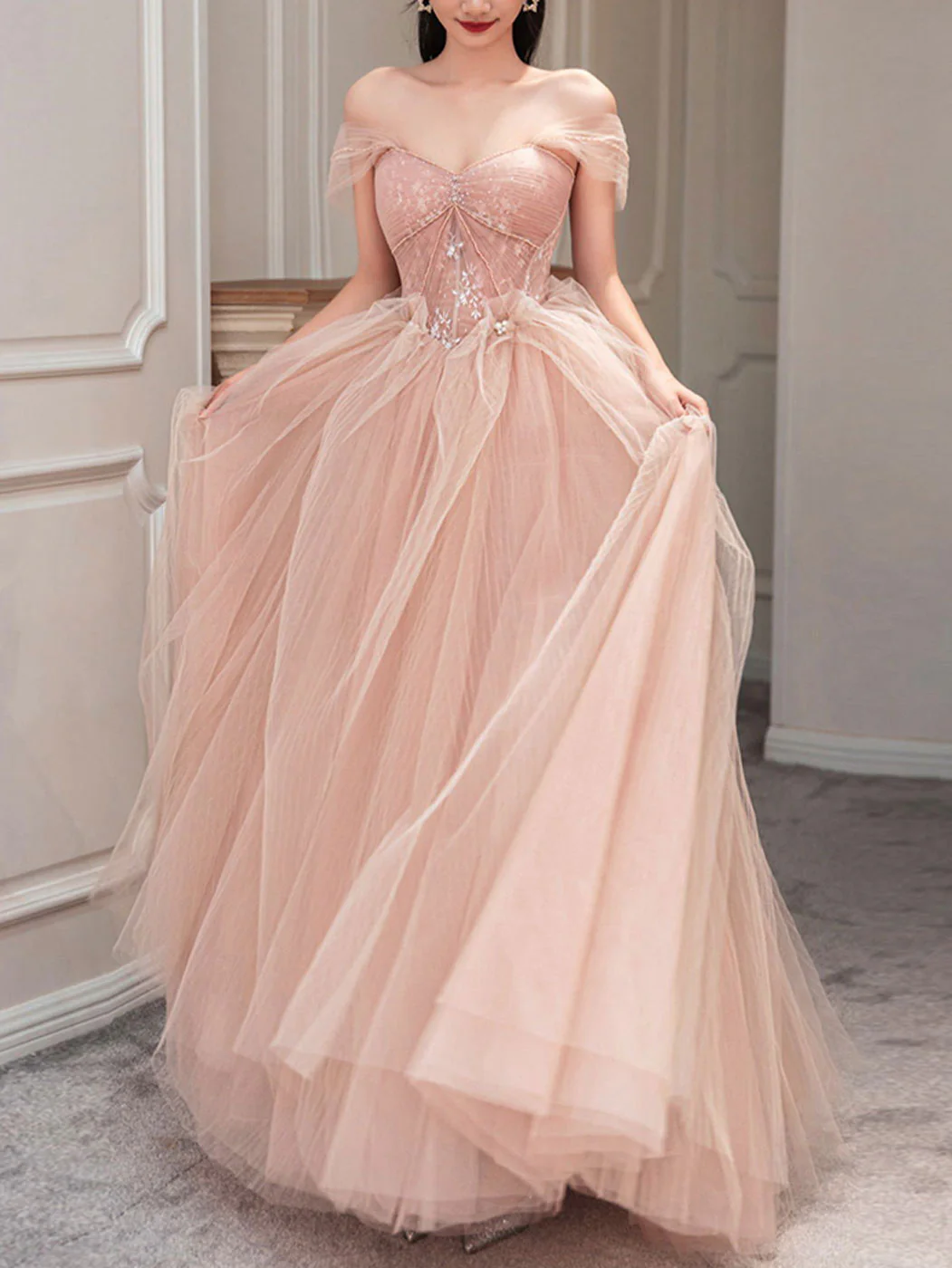 Pink Sweetheart Neck Tulle Long Prom Dress, Pink Sweet 16 Dress - Deanwangkt