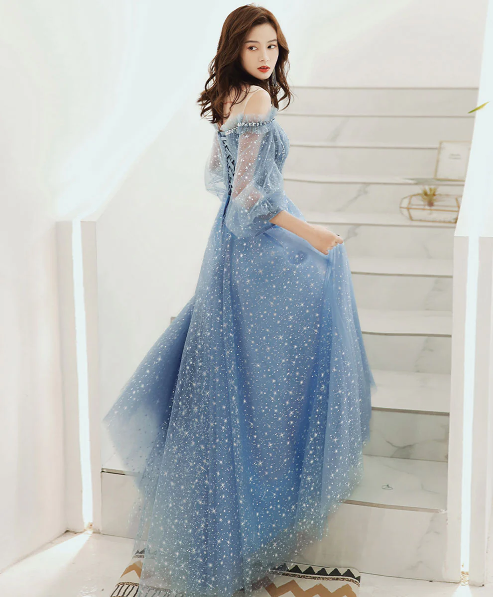 Blue Round Neck Tulle Sequin Long Prom Dress Tulle Evening Dress - Deanwangkt