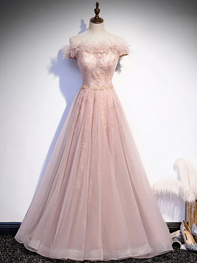 Pink Tulle Long Prom Dress, A line Pink Formal Graduation Dresses - Deanwangkt